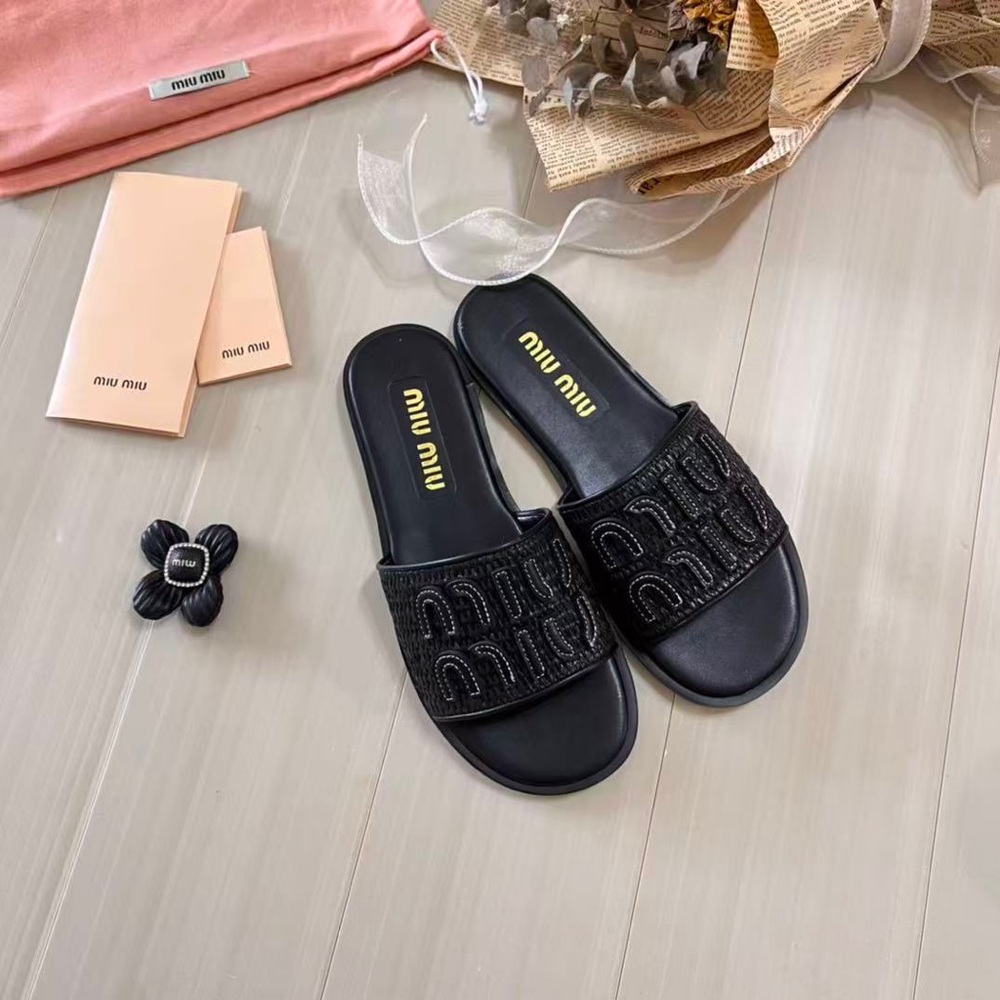 NWT Miu Miu Black Woven Logo Slide Sandals Flat Slip On Sandals